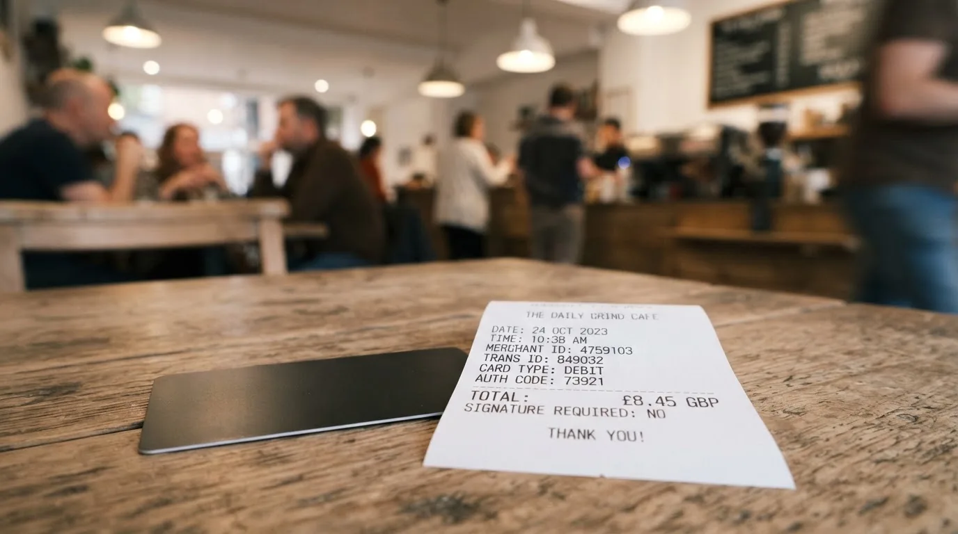 A receipt and a card on a café table