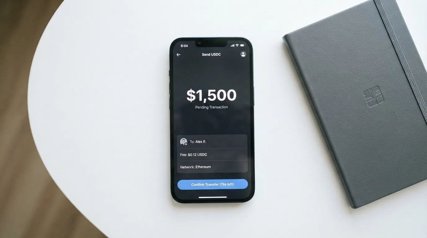 A phone showing a stablecoin transfer screen