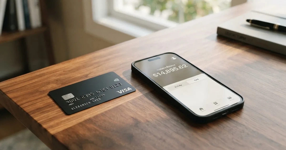 A payment card next to a phone with a crypto wallet app open
