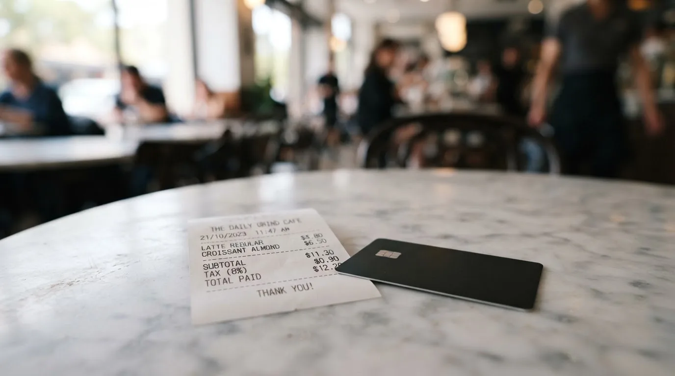 A receipt and a card on a café table