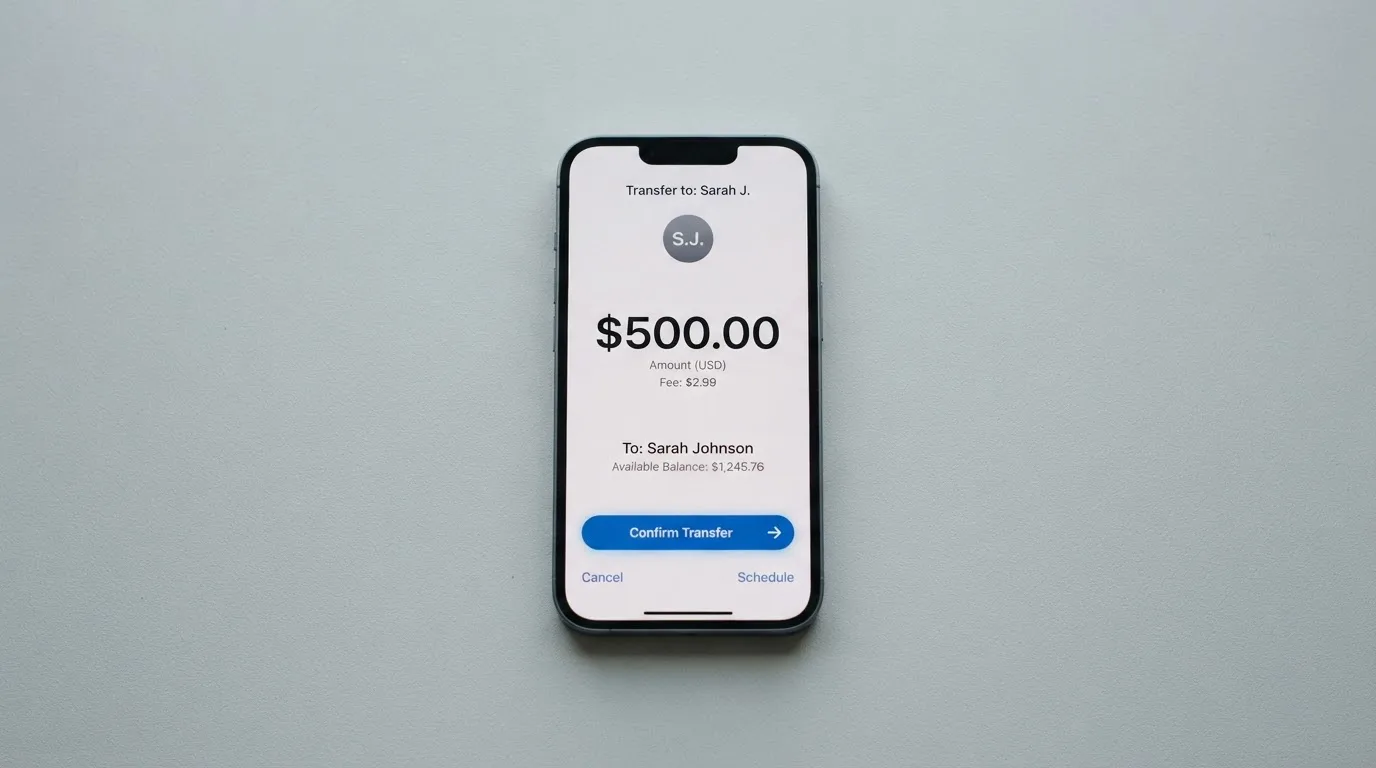 A phone showing a stablecoin transfer screen