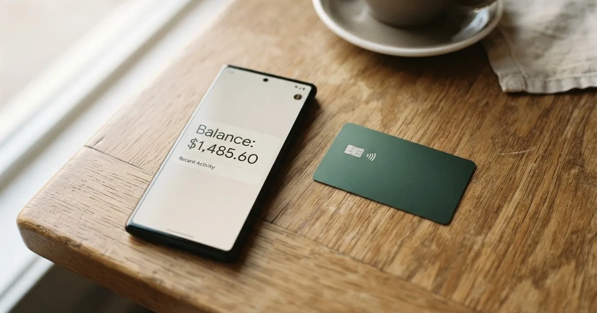 A payment card next to a phone with a crypto wallet app open