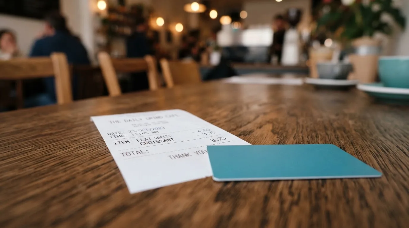A receipt and a card on a café table