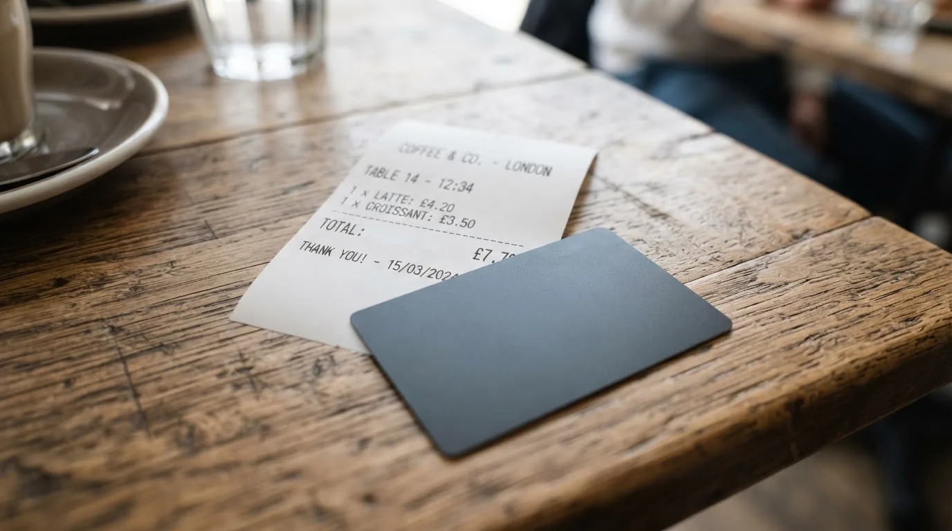A receipt and a card on a café table