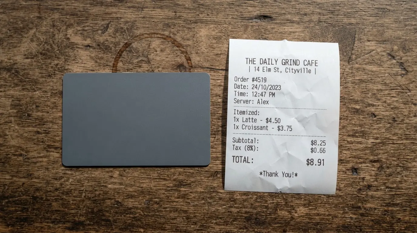 A receipt and a card on a café table