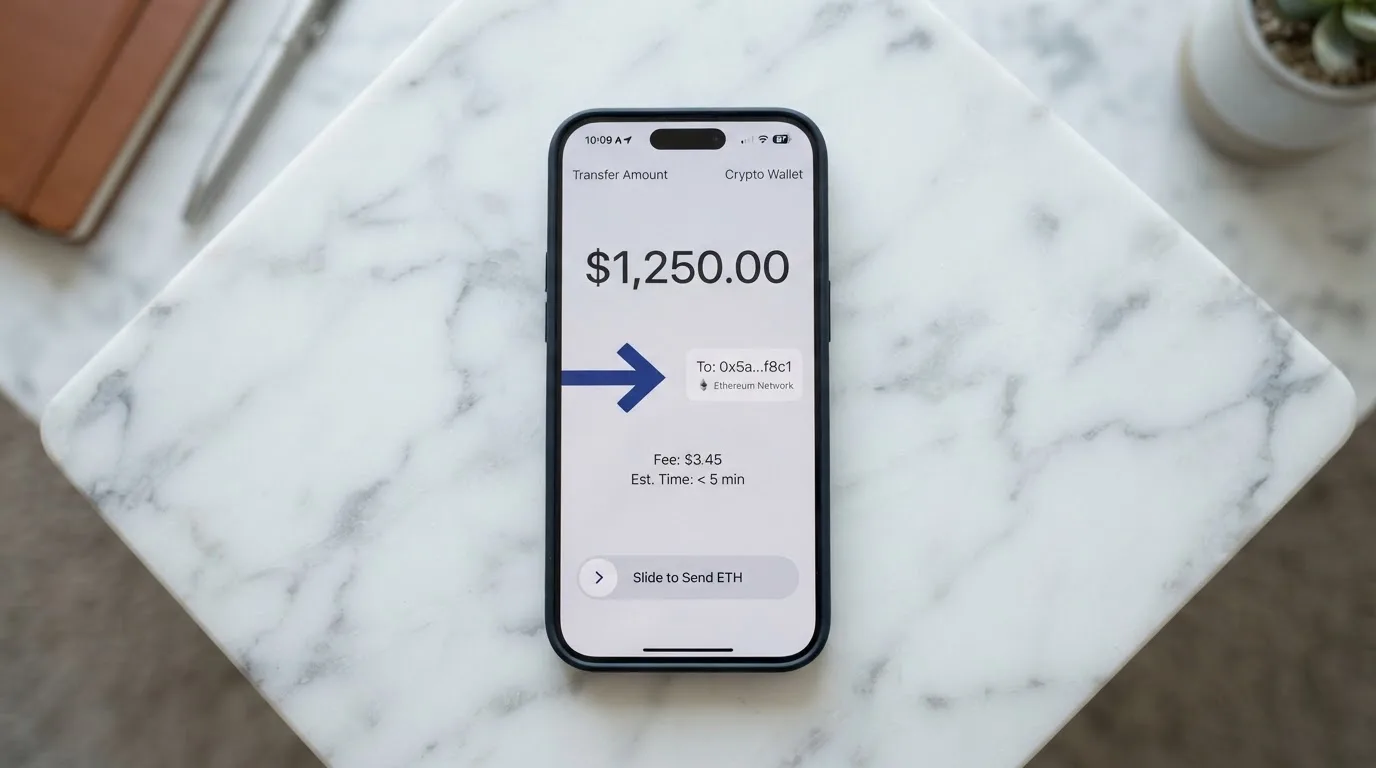 A phone showing a stablecoin transfer screen
