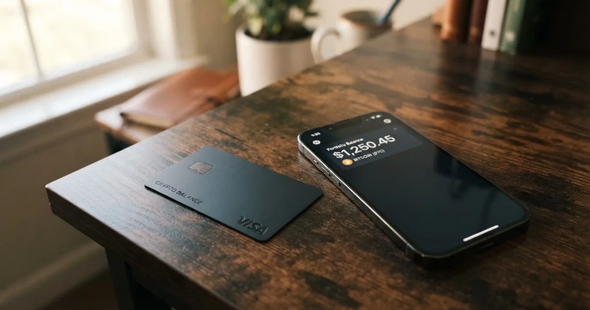 A payment card next to a phone with a crypto wallet app open