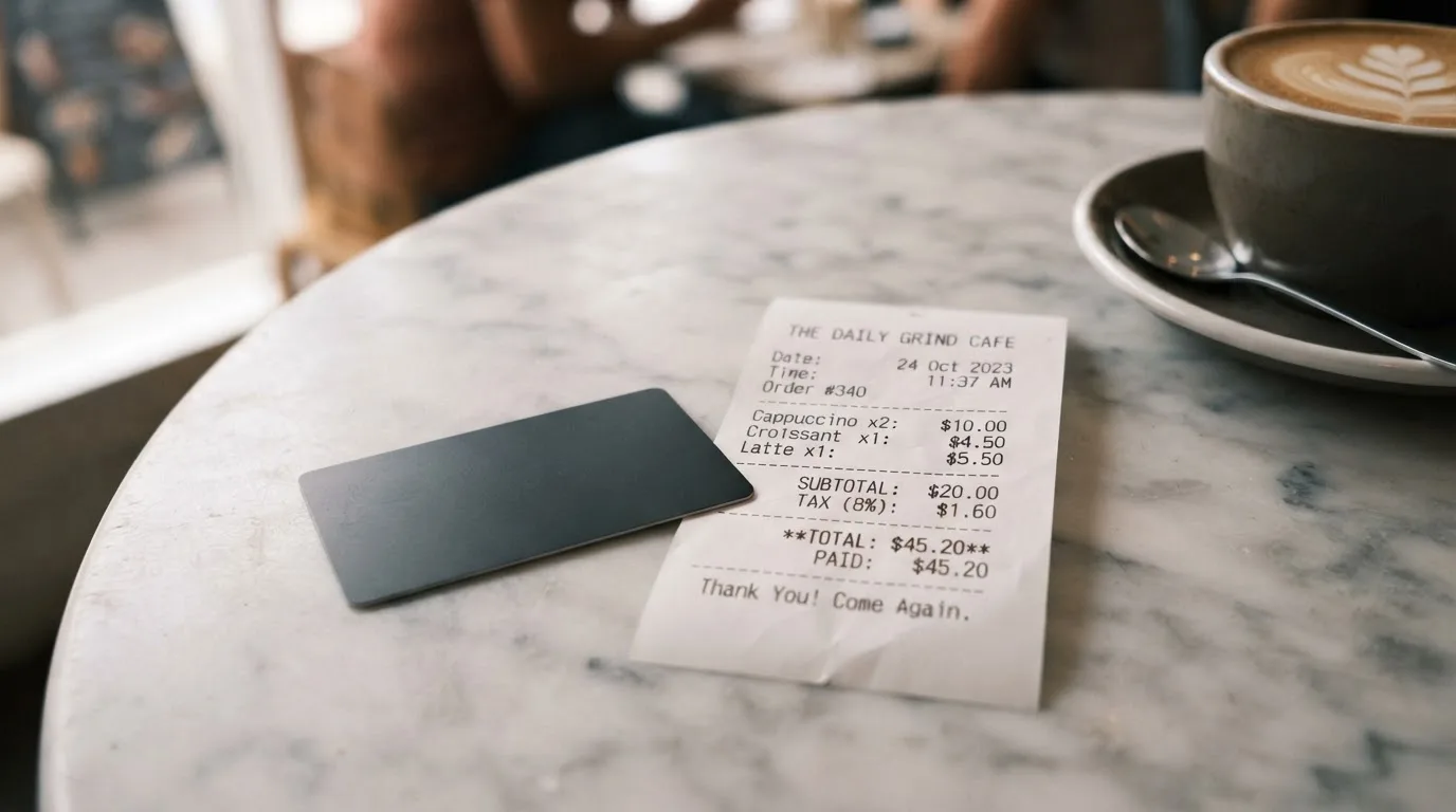 A receipt and a card on a café table
