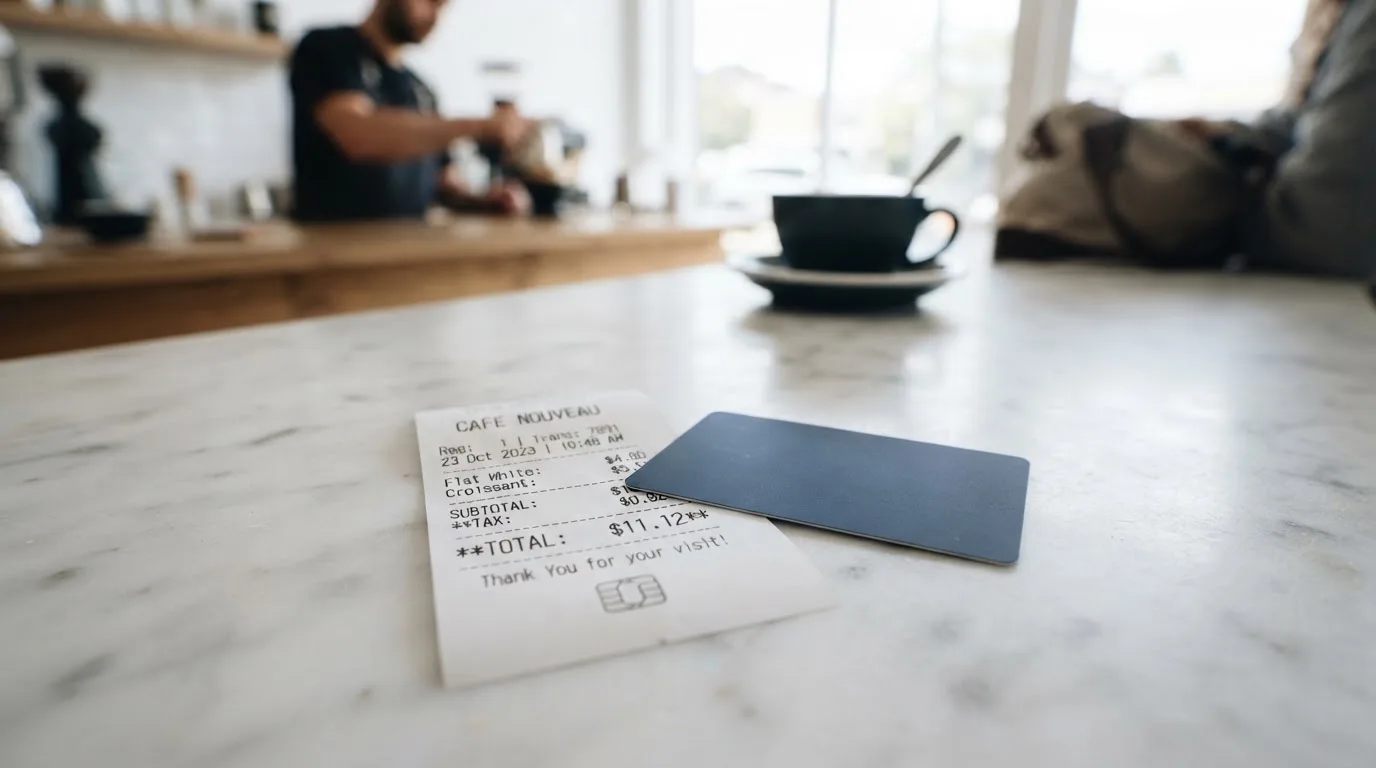 A receipt and a card on a café table