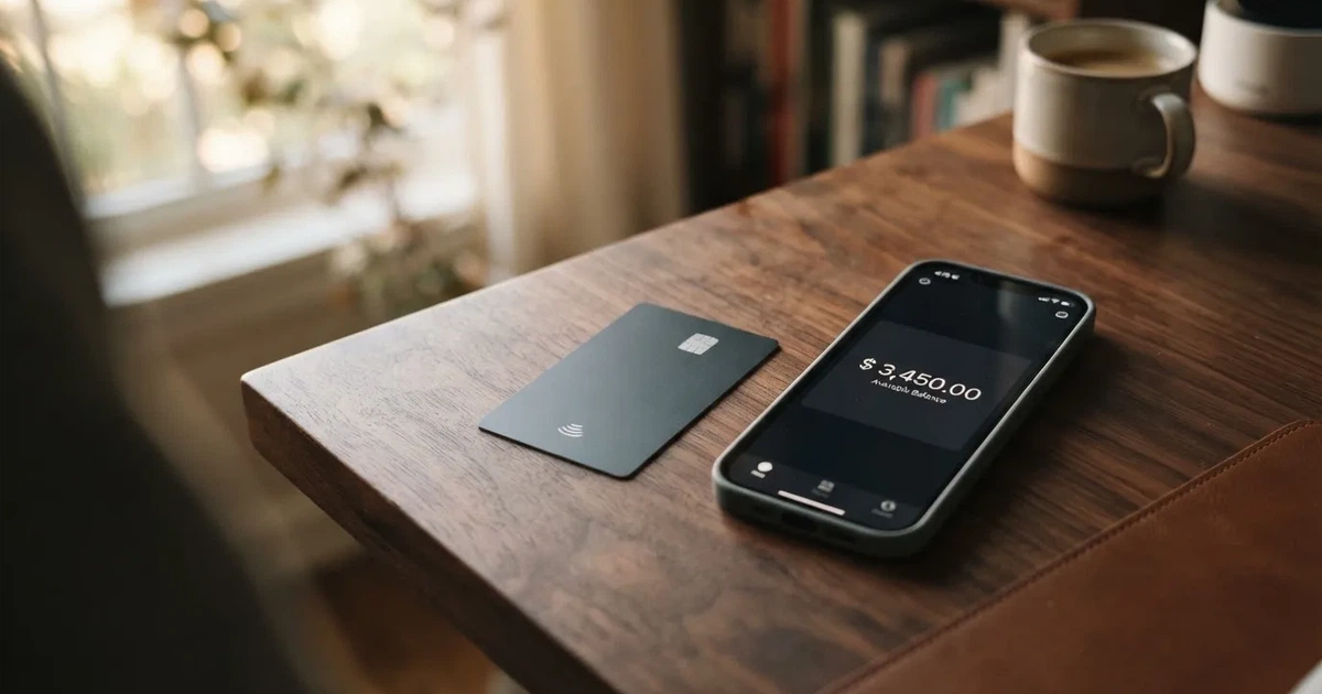A payment card next to a phone with a crypto wallet app open