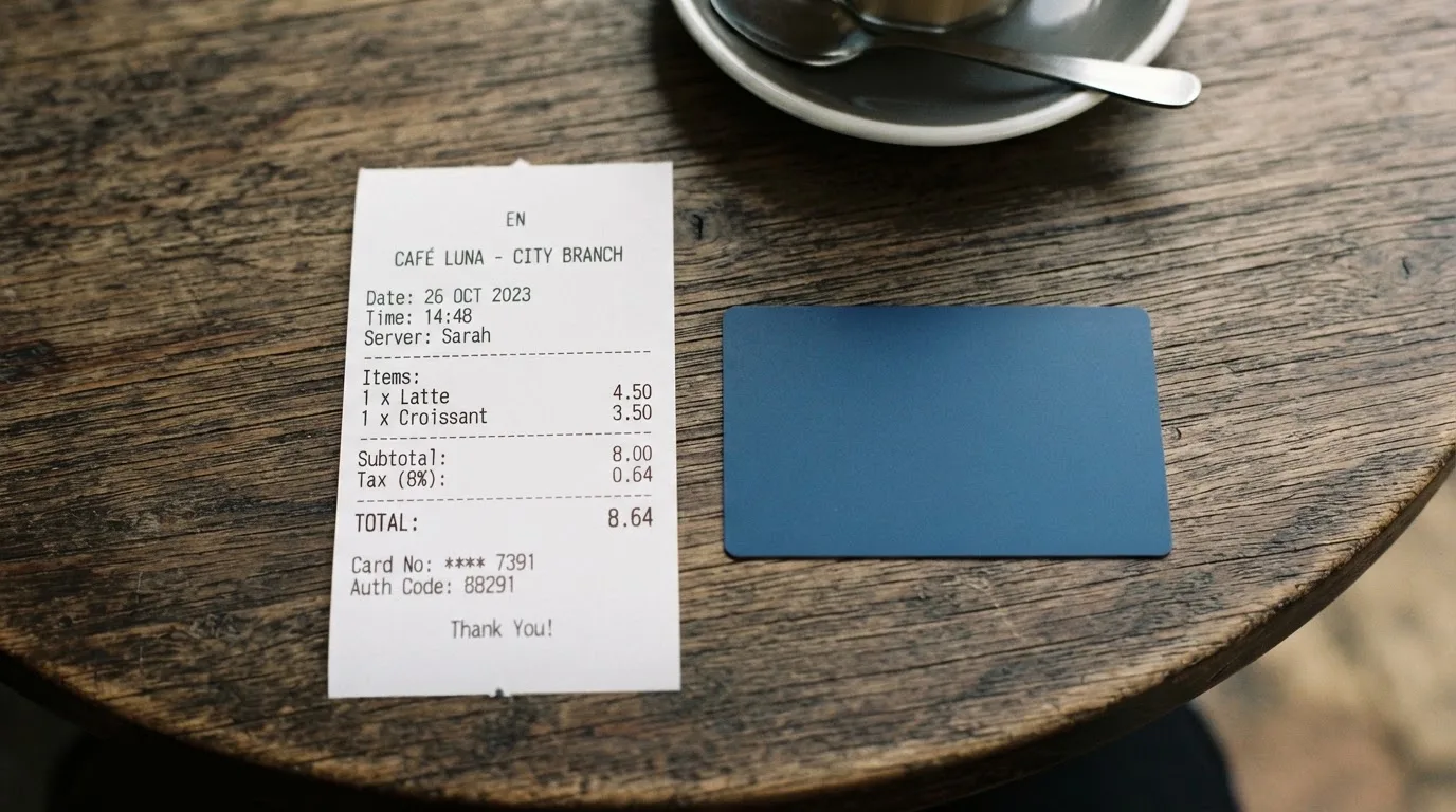 A receipt and a card on a café table