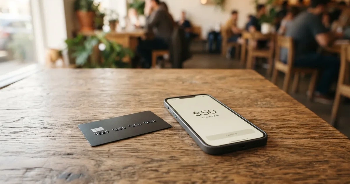 A payment card next to a phone with a crypto wallet app open
