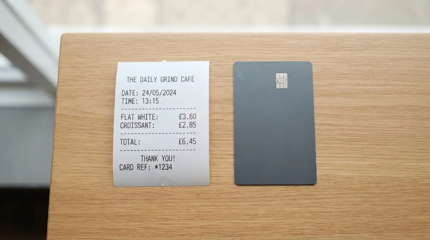 A receipt and a card on a café table