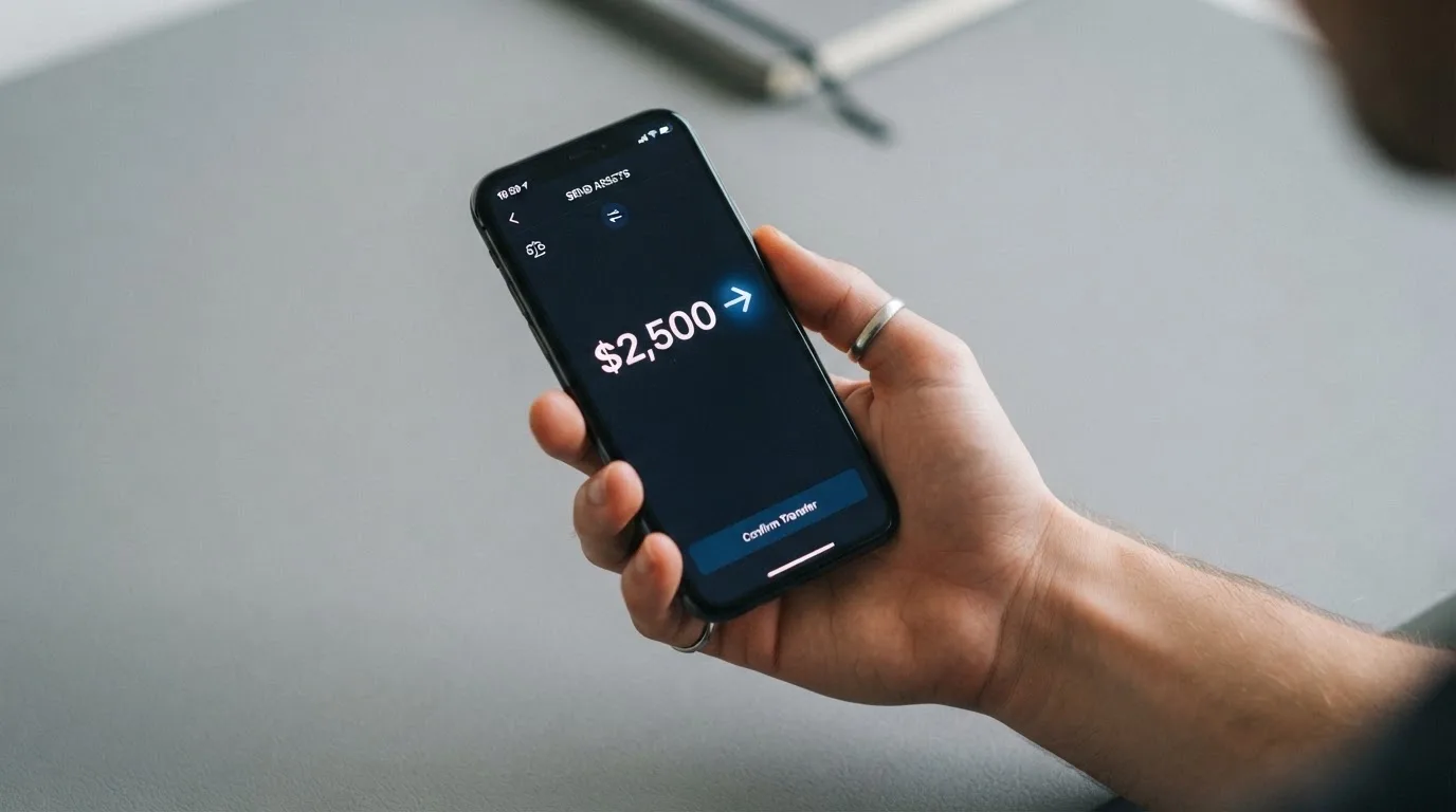A phone showing a stablecoin transfer screen