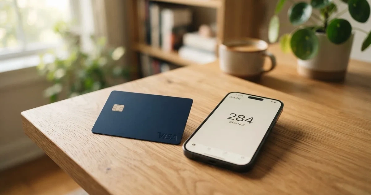 A payment card next to a phone with a crypto wallet app open