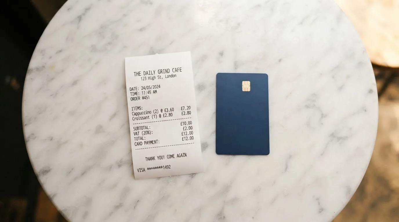 A receipt and a card on a café table