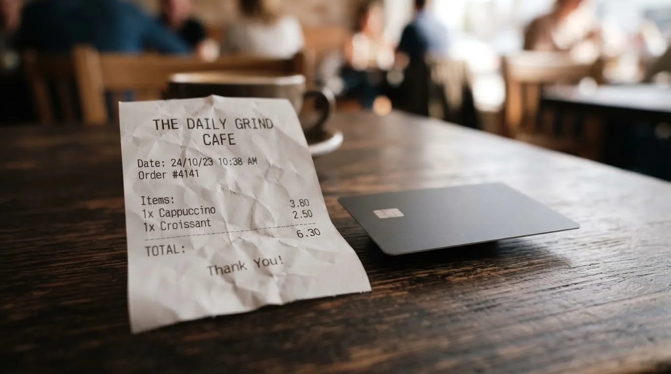 A receipt and a card on a café table