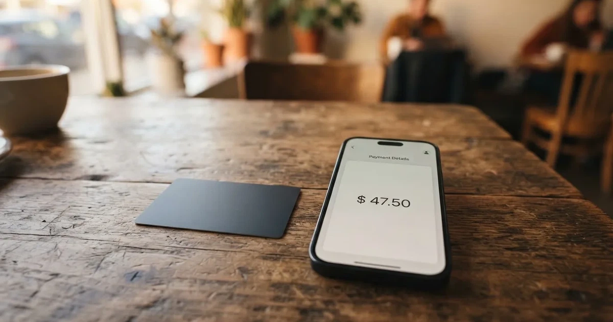 A payment card next to a phone with a crypto wallet app open