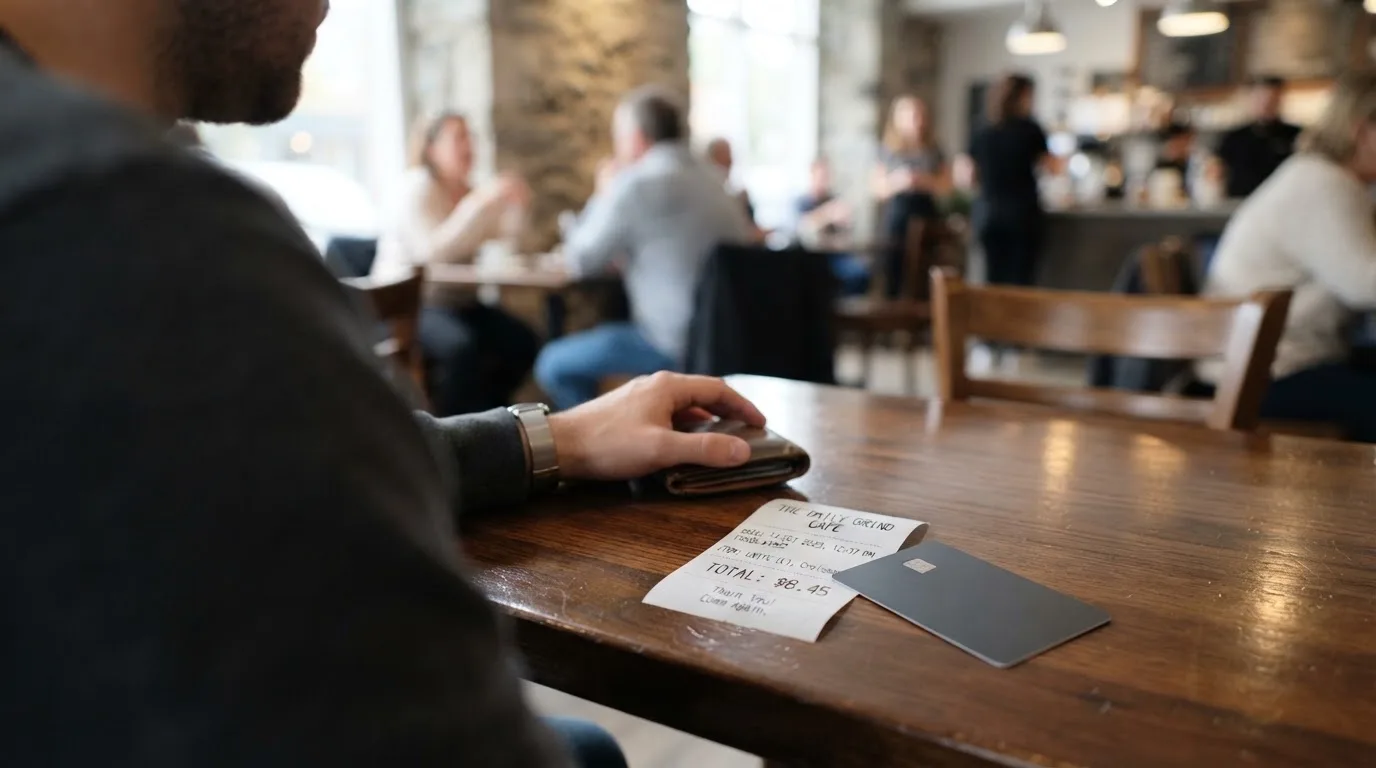 A receipt and a card on a café table