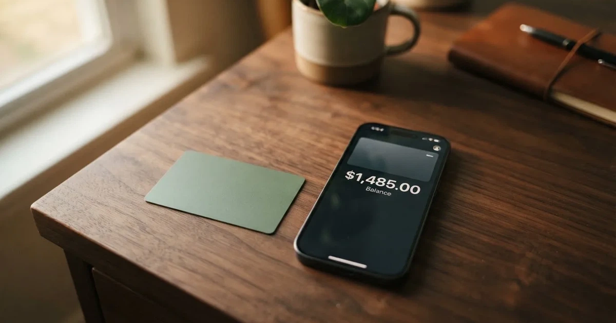 A payment card next to a phone with a crypto wallet app open