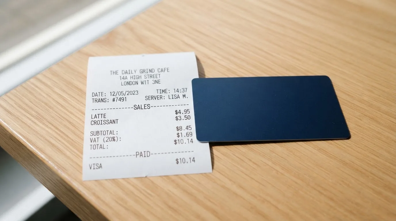A receipt and a card on a café table