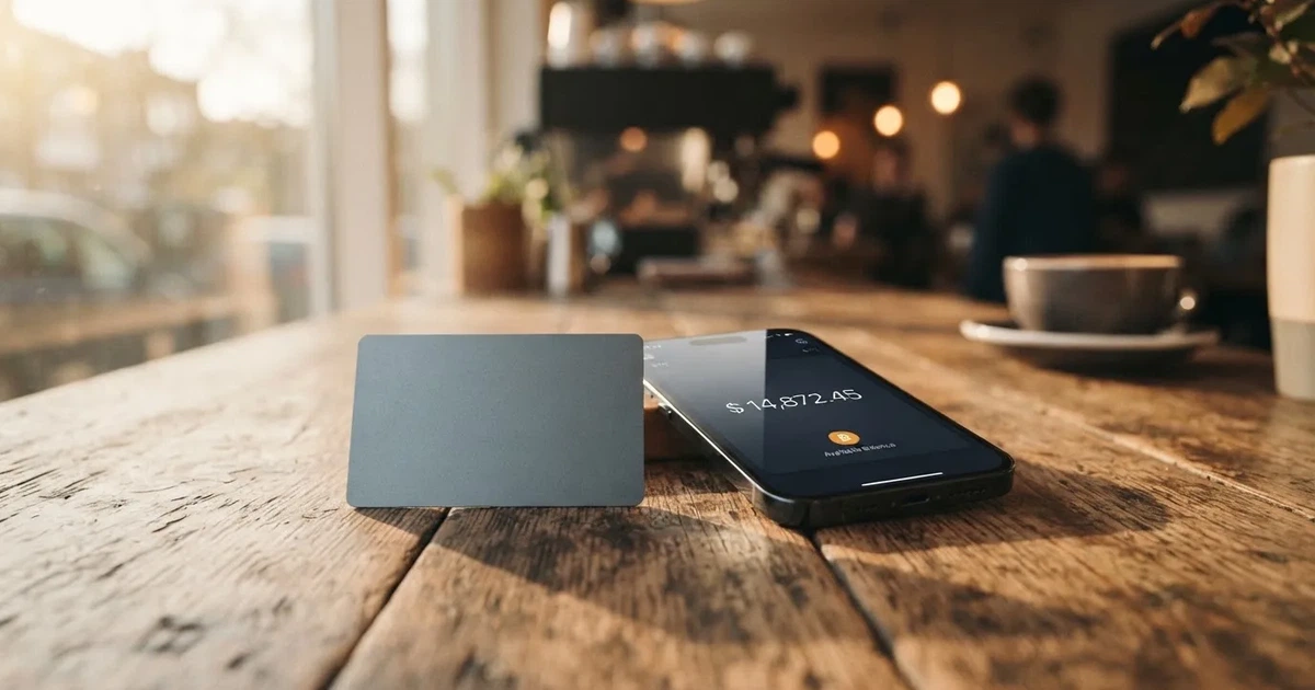 A payment card next to a phone with a crypto wallet app open