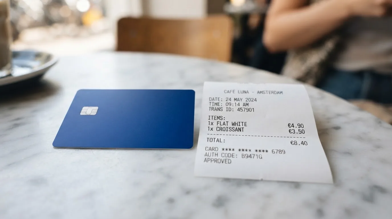 A receipt and a card on a café table