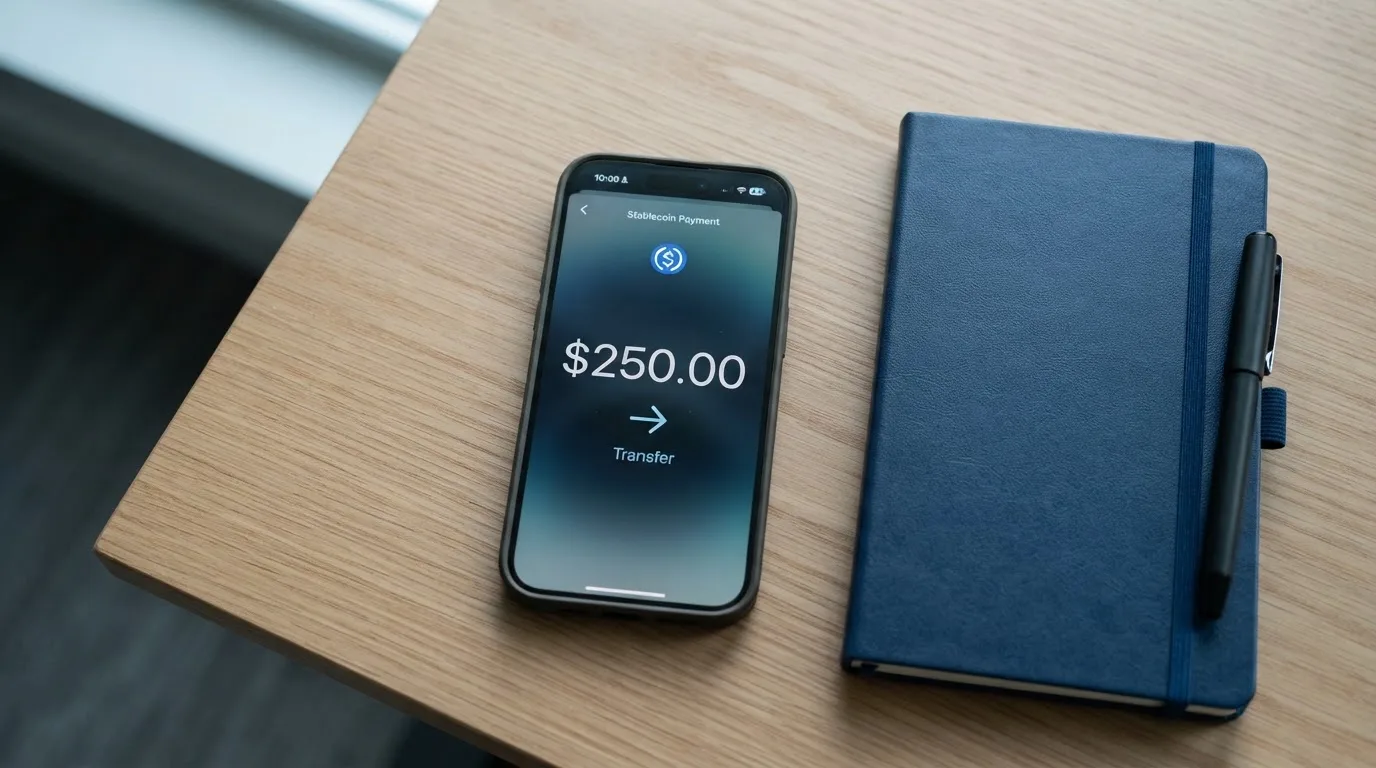 A phone showing a stablecoin transfer screen