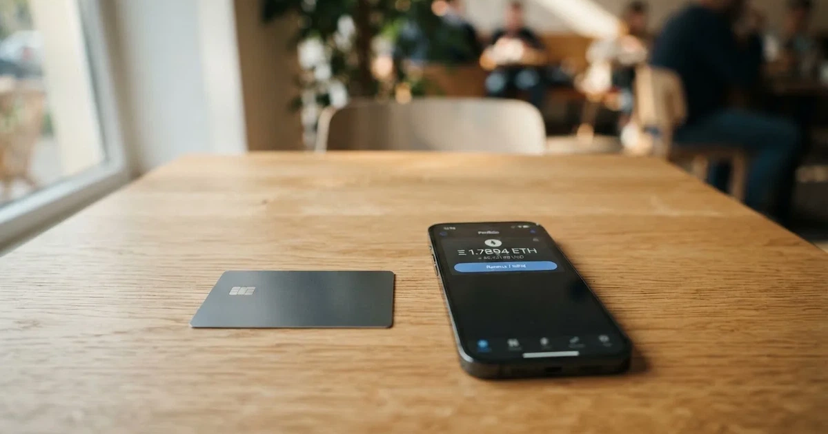 A payment card next to a phone with a crypto wallet app open