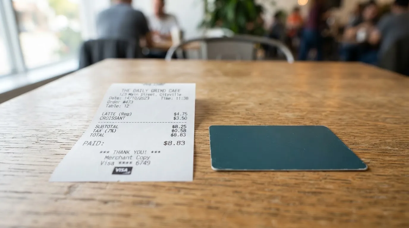 A receipt and a card on a café table
