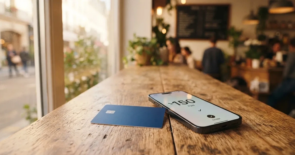 A payment card next to a phone with a crypto wallet app open