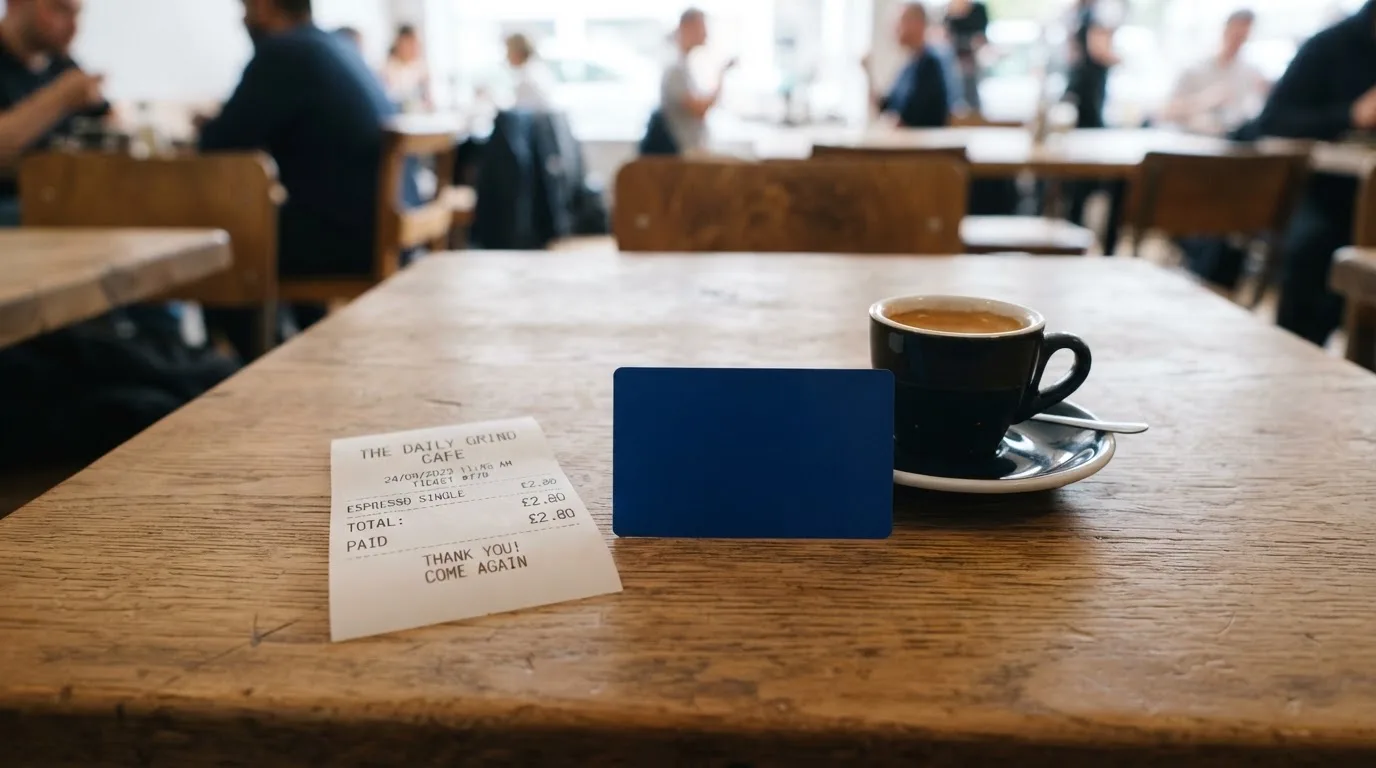 A receipt and a card on a café table
