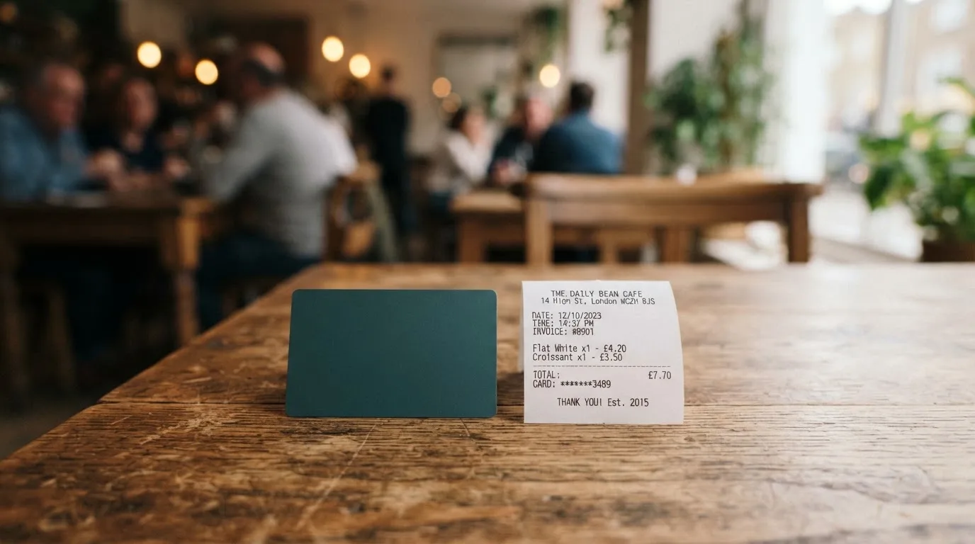 A receipt and a card on a café table