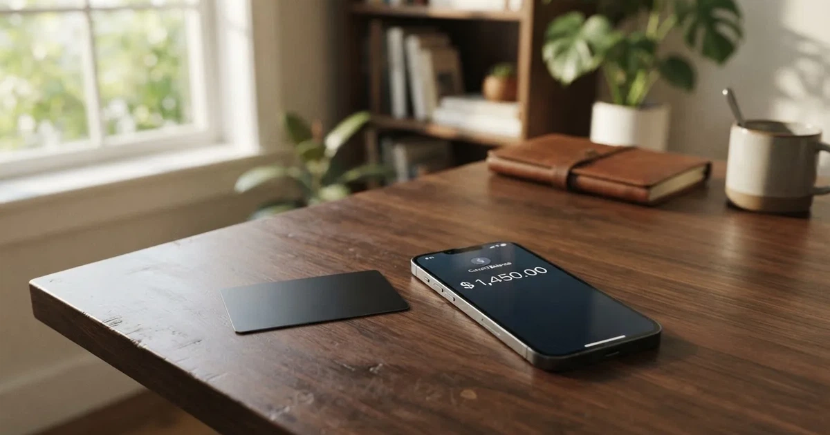 A payment card next to a phone with a crypto wallet app open
