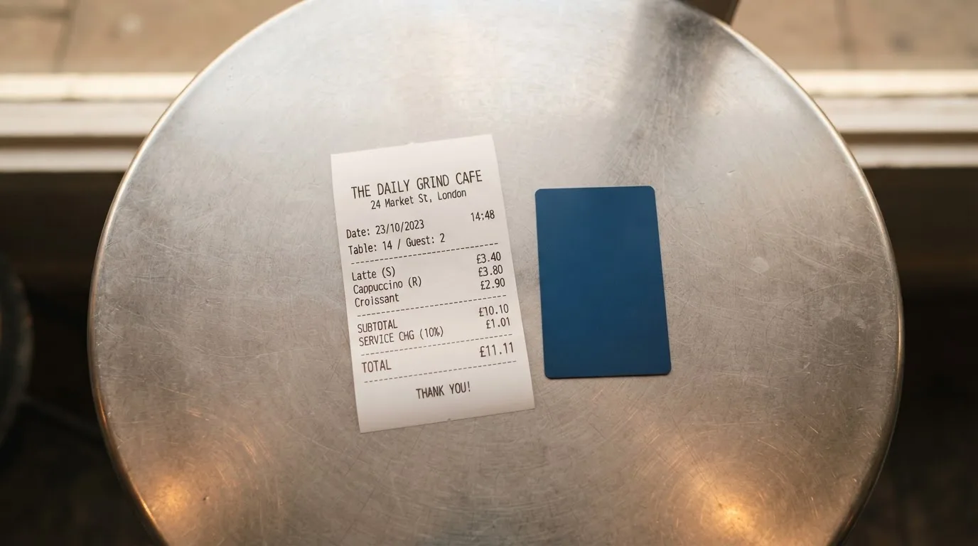 A receipt and a card on a café table