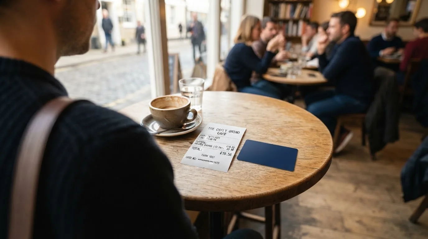 A receipt and a card on a café table