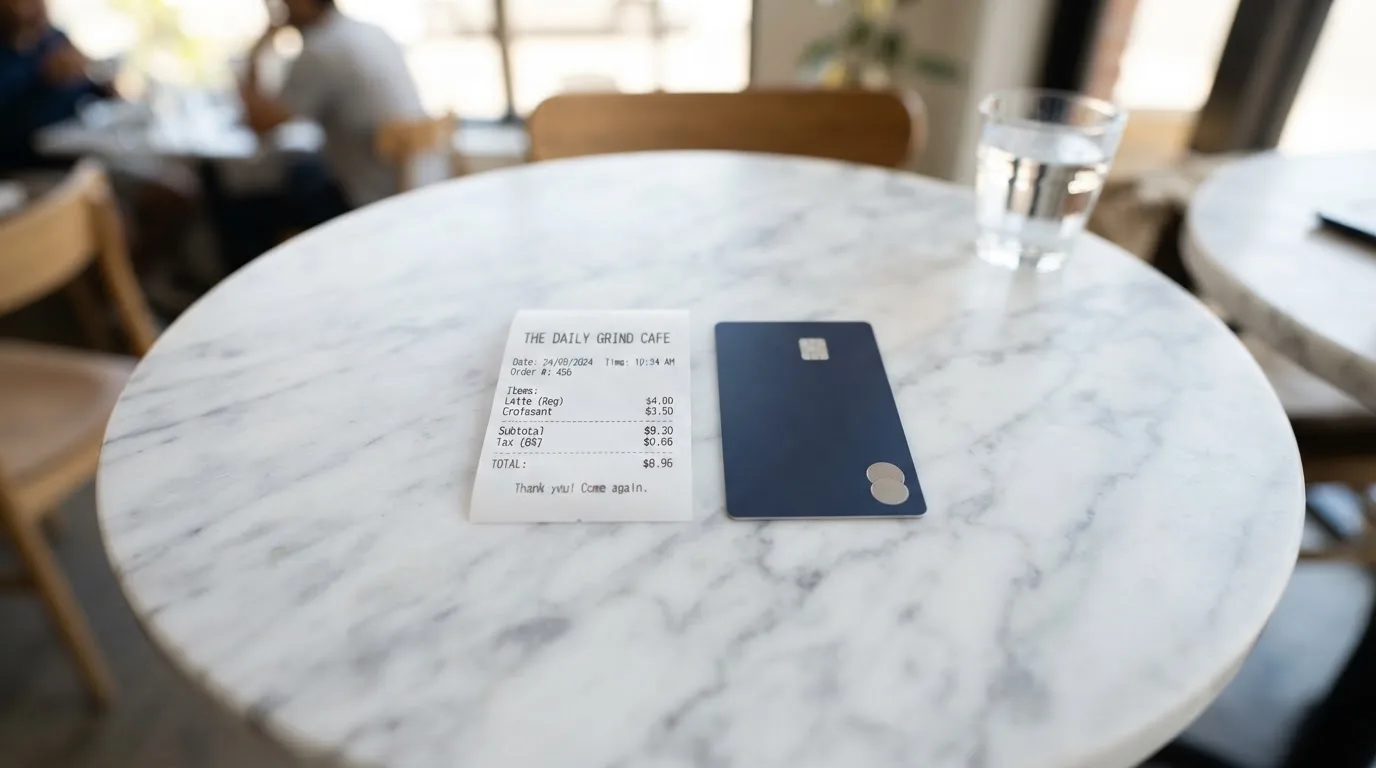 A receipt and a card on a café table
