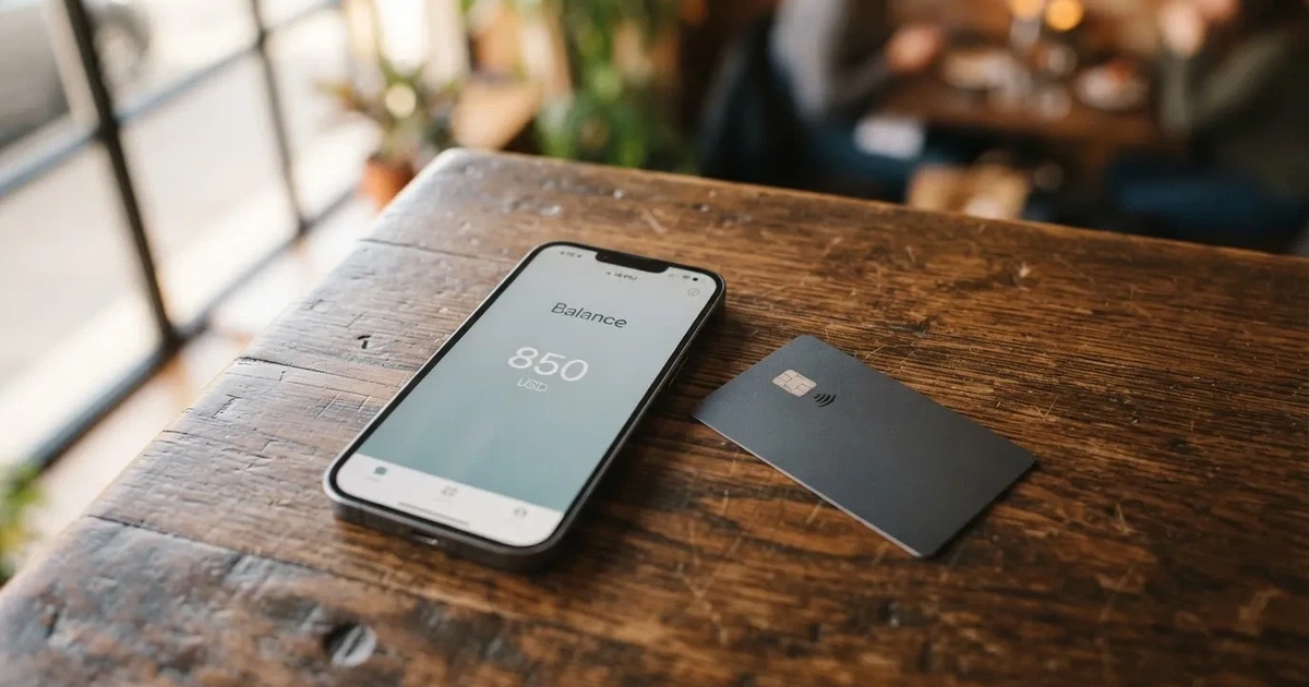 A payment card next to a phone with a crypto wallet app open