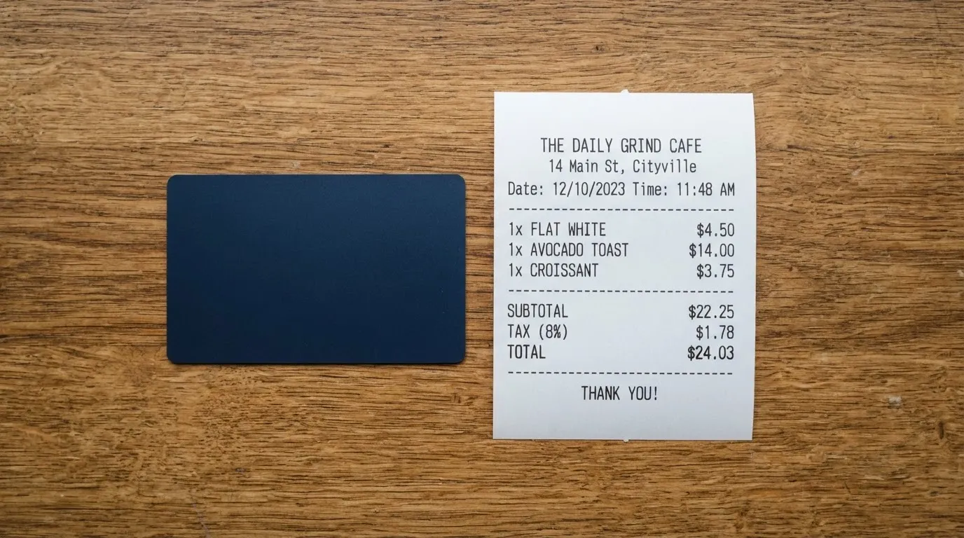A receipt and a card on a café table