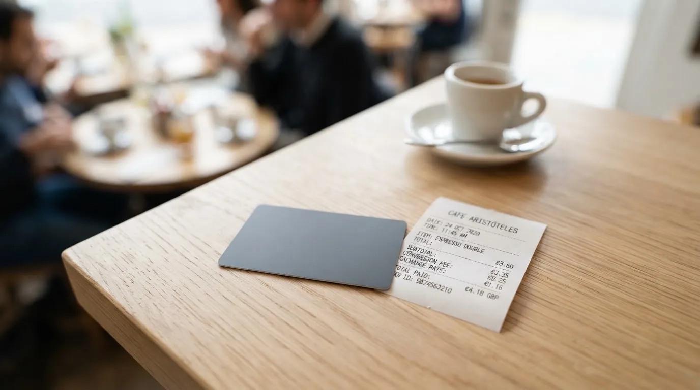 A receipt and a card on a café table