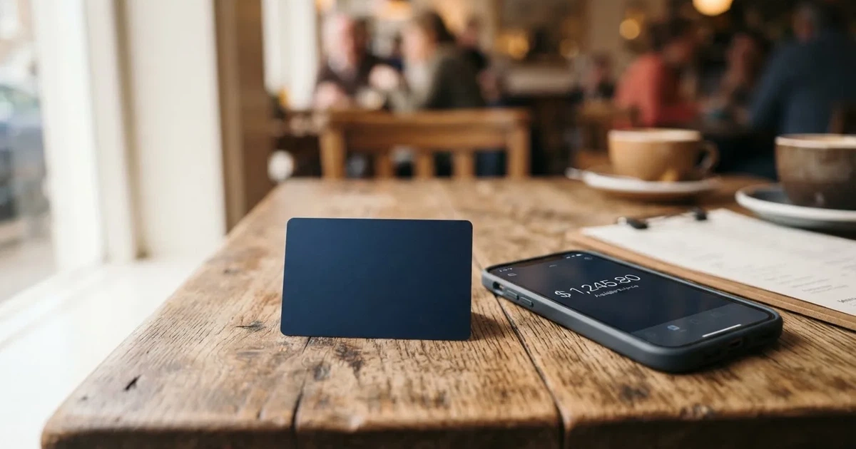 A payment card next to a phone with a crypto wallet app open