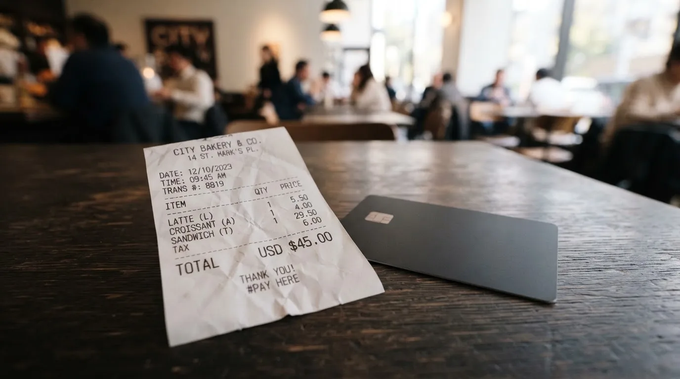 A receipt and a card on a café table