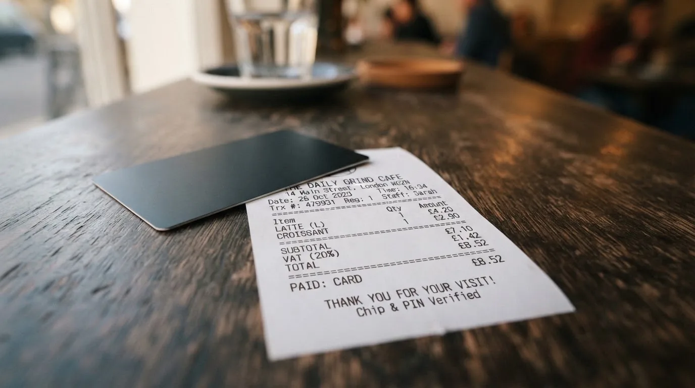 A receipt and a card on a café table