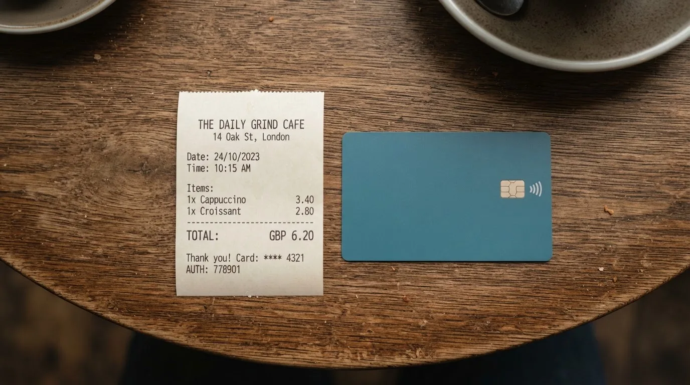 A receipt and a card on a café table