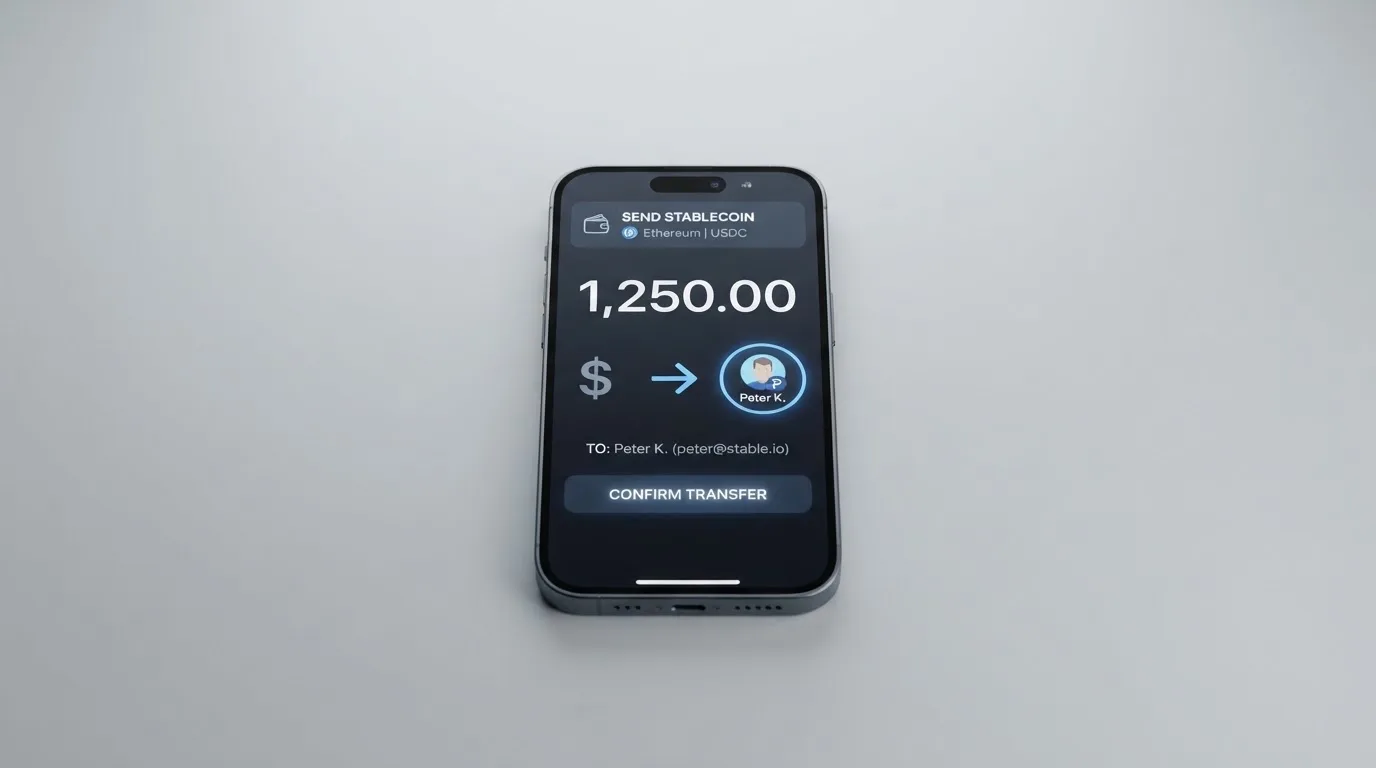 A phone showing a stablecoin transfer screen