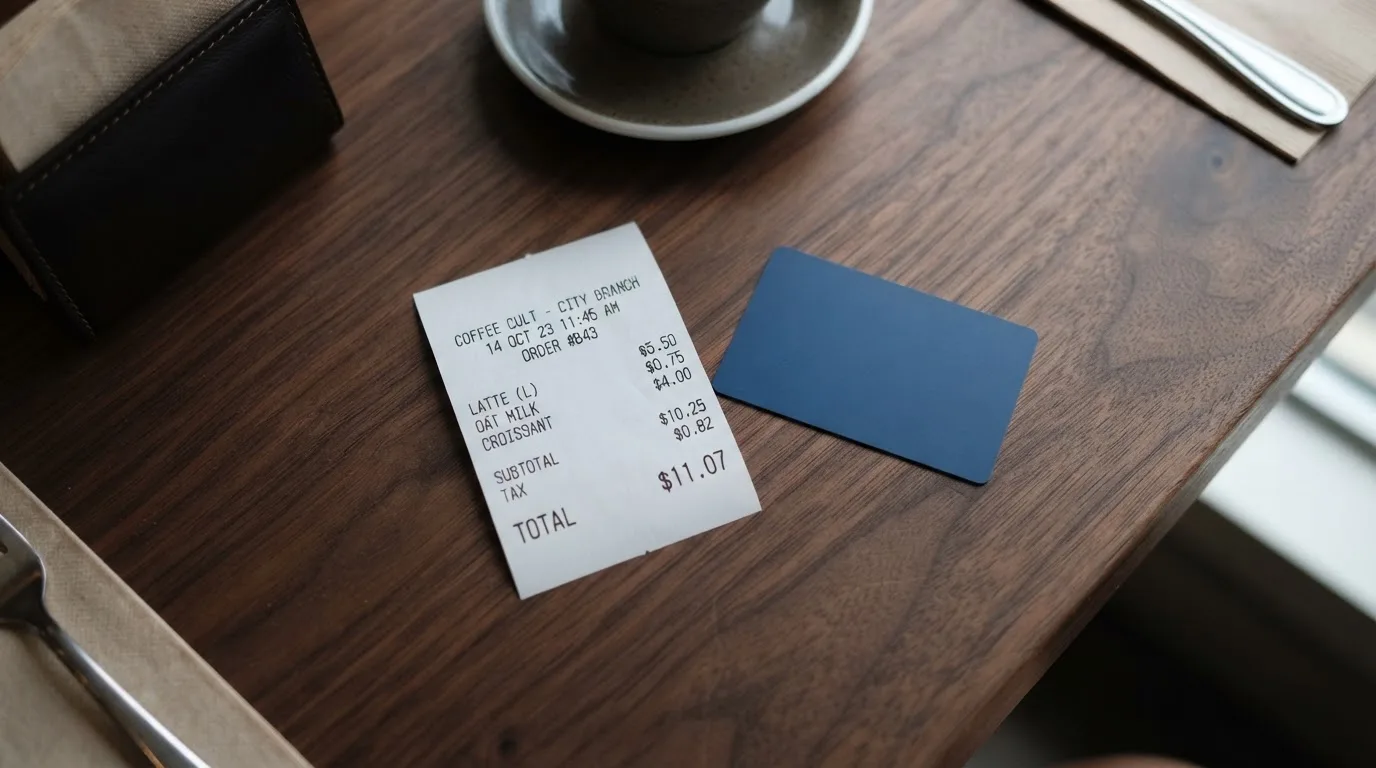 A receipt and a card on a café table