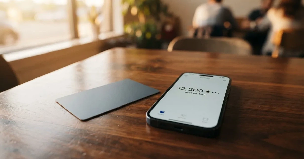 A payment card next to a phone with a crypto wallet app open