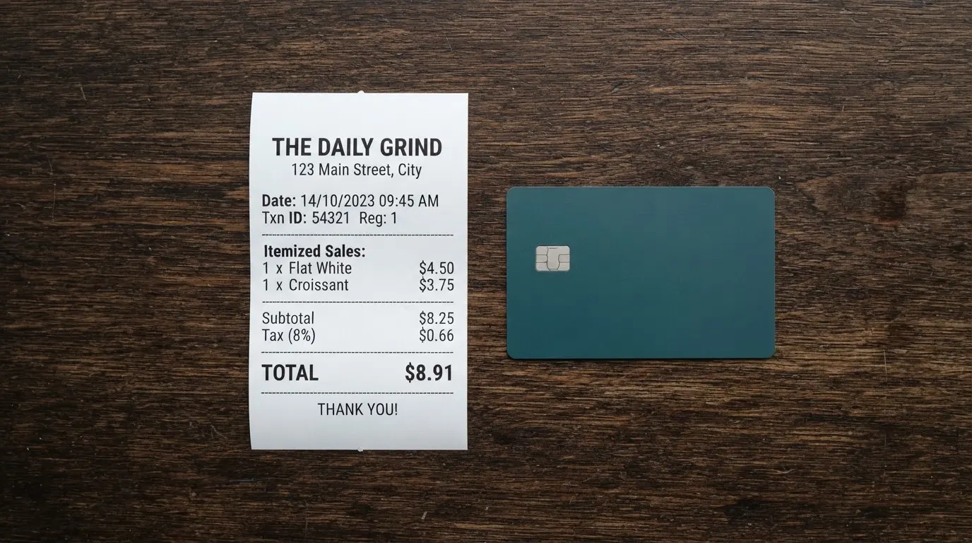 A receipt and a card on a café table