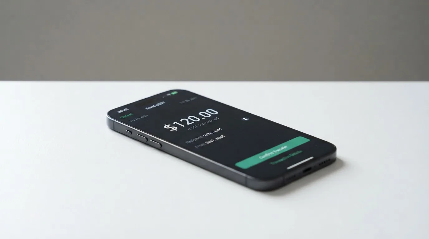 A phone showing a stablecoin transfer screen