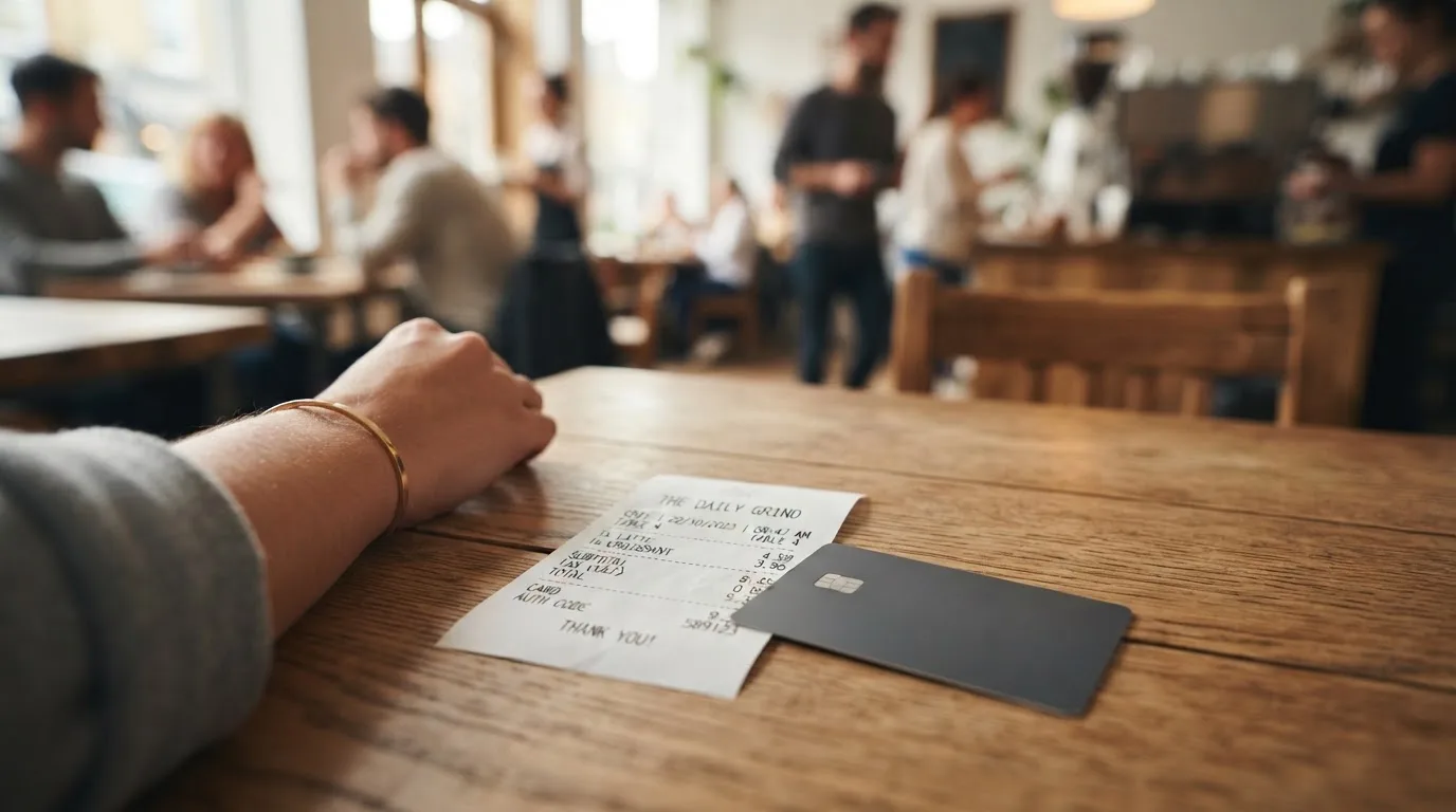 A receipt and a card on a café table